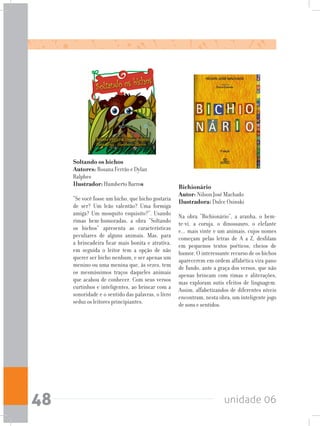 unidade 0648
Soltando os bichos 			
Autores: Rosana Ferrão e Dylan
Ralphes 					
Ilustrador: Humberto Barros
“Se você fosse um bicho, que bicho gostaria
de ser? Um leão valentão? Uma formiga
amiga? Um mosquito esquisito?”. Usando
rimas bem-humoradas, a obra “Soltando
os bichos” apresenta as características
peculiares de alguns animais. Mas, para
a brincadeira ficar mais bonita e atrativa,
em seguida o leitor tem a opção de não
querer ser bicho nenhum, e ser apenas um
menino ou uma menina que, às vezes, tem
os mesmíssimos traços daqueles animais
que acabou de conhecer. Com seus versos
curtinhos e inteligentes, ao brincar com a
sonoridade e o sentido das palavras, o livro
seduz os leitores principiantes.
Bichionário			
Autor: Nilson José Machado	
Ilustradora: Dulce Osinski
Na obra “Bichionário”, a aranha, o bem-
te-vi, a coruja, o dinossauro, o elefante
e... mais vinte e um animais, cujos nomes
começam pelas letras de A a Z, desfilam
em pequenos textos poéticos, cheios de
humor. O interessante recurso de os bichos
aparecerem em ordem alfabética vira pano
de fundo, ante a graça dos versos, que não
apenas brincam com rimas e aliterações,
mas exploram sutis efeitos de linguagem.
Assim, alfabetizandos de diferentes níveis
encontram, nesta obra, um inteligente jogo
de sons e sentidos.
 