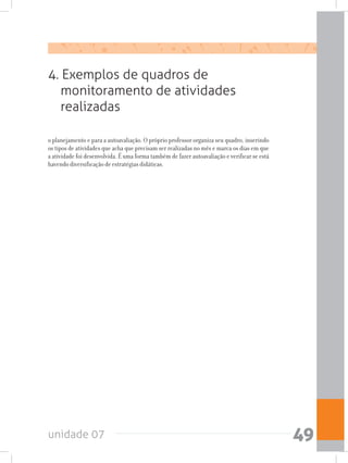unidade 07 49
o planejamento e para a autoavaliação. O próprio professor organiza seu quadro, inserindo
os tipos de atividades que acha que precisam ser realizadas no mês e marca os dias em que
a atividade foi desenvolvida. É uma forma também de fazer autoavaliação e verificar se está
havendo diversificação de estratégias didáticas.
4. Exemplos de quadros de
monitoramento de atividades
realizadas
 