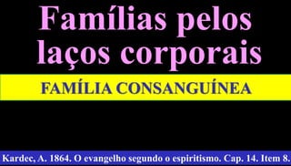 18
Famílias pelos
laços corporais
Kardec, A. 1864. O evangelho segundo o espiritismo. Cap. 14. Item 8.
FAMÍLIA CONSANGUÍNEA
 