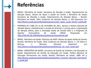 Referências
• BRASIL. Ministério da Saúde. Secretaria de Atenção à Saúde. Departamento de
Atenção Básica. Núcleo de Apoio à Saúde da Família / Ministério da Saúde,
Secretaria de Atenção à Saúde, Departamento de Atenção Básica. – Brasília:
Ministério da Saúde, 2014. (Cadernos de Atenção Básica, n. 39) Disponível em:
http://bvsms.saude.gov.br/bvs/publicacoes/nucleo_apoio_saude_familia_cab39.pdf
• PORTARIA Nº 2.488, DE 21 DE OUTUBRO DE 2011. Aprova a Política Nacional de
Atenção Básica, estabelecendo a revisão de diretrizes e normas para a organização
da Atenção Básica, para a Estratégia Saúde da Família (ESF) e o Programa de
Agentes Comunitários de Saúde (PACS). Pesquisado em:
http://189.28.128.100/dab/docs/publicacoes/geral/pnab.pdf
• BRASIL. Ministério da Saúde. Diretrizes do NASF: Núcleo de Apoio Saúde da Família.
Brasília: Ministério da Saúde, 2010. (Cadernos de Atenção Básica, n. 27) (Série A.
Normas e Manuais Técnicos) Disponível em:
http://bvsms.saude.gov.br/bvs/publicacoes/diretrizes_do_nasf_nucleo.pdf
• BRASIL. MINISTÉRIO DA SAÚDE. Secretaria de Gestão do Trabalho e da Educação na
Saúde. Departamento de Gestão da Educação em Saúde. Política Nacional de
Educação Permanente em Saúde. Brasília: Ministério da Saúde, 2009. 64 p.
http://bvsms.saude.gov.br/bvs/publicacoes/politica_nacional_educacao_permanente_sau
 