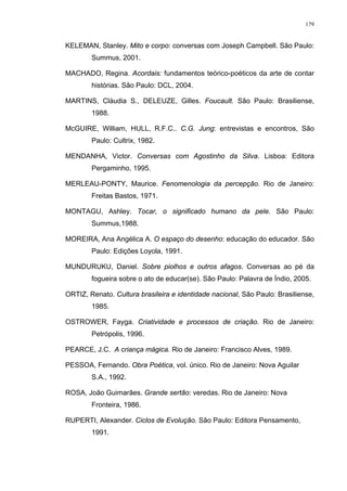 179
KELEMAN, Stanley. Mito e corpo: conversas com Joseph Campbell. São Paulo:
Summus, 2001.
MACHADO, Regina. Acordais: fundamentos teórico-poéticos da arte de contar
histórias. São Paulo: DCL, 2004.
MARTINS, Cláudia S., DELEUZE, Gilles. Foucault. São Paulo: Brasiliense,
1988.
McGUIRE, William, HULL, R.F.C.. C.G. Jung: entrevistas e encontros, São
Paulo: Cultrix, 1982.
MENDANHA, Victor. Conversas com Agostinho da Silva. Lisboa: Editora
Pergaminho, 1995.
MERLEAU-PONTY, Maurice. Fenomenologia da percepção. Rio de Janeiro:
Freitas Bastos, 1971.
MONTAGU, Ashley. Tocar, o significado humano da pele. São Paulo:
Summus,1988.
MOREIRA, Ana Angélica A. O espaço do desenho: educação do educador. São
Paulo: Edições Loyola, 1991.
MUNDURUKU, Daniel. Sobre piolhos e outros afagos. Conversas ao pé da
fogueira sobre o ato de educar(se). São Paulo: Palavra de Índio, 2005.
ORTIZ, Renato. Cultura brasileira e identidade nacional, São Paulo: Brasiliense,
1985.
OSTROWER, Fayga. Criatividade e processos de criação. Rio de Janeiro:
Petrópolis, 1996.
PEARCE, J.C. A criança mágica. Rio de Janeiro: Francisco Alves, 1989.
PESSOA, Fernando. Obra Poética, vol. único. Rio de Janeiro: Nova Aguilar
S.A., 1992.
ROSA, João Guimarães. Grande sertão: veredas. Rio de Janeiro: Nova
Fronteira, 1986.
RUPERTI, Alexander. Ciclos de Evolução. São Paulo: Editora Pensamento,
1991.
 