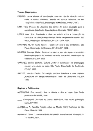 181
Teses e Dissertações
FREITAS, Laura Villares. A psicoterapia como um rito de iniciação: estudo
sobre o campo simbólico através de sonhos relatados no self
Terapêutico. São Paulo, Dissertação de Mestrado, IP/USP, 1987.
LIMA, Tânia Pessoa de. Alquimia dos contos de fadas: educação para a
completude. São Paulo, Dissertação de Mestrado, FEUSP, 2004.
LOPES, Ana Lúcia. Ampliando o olhar: um estudo sobre a construção da
identidade da criança negra-mestiça frente a experiência escolar. São
Paulo, Dissertação de Mestrado, FFLCH / USP, 1997.
MACHADO FILHO, Paulo Toledo – Gestos de cura e seu simbolismo. São
Paulo, Dissertação de Mestrado, FFLCH/USP, 1994.
MORAES, Sumaya Mattar. Aprender a ouvir o som das águas – o projeto
poético-pedagógico do professor de Arte. São Paulo, Dissertação de
Mestrado, FEUSP, 2002.
SANCHEZ, Lucília Bechara. Cultura, poder e legitimação na organização
escolar: um estudo de caso. São Paulo, Dissertação de Doutorado,
FEUSP, 1997.
SANTOS, Inaicyra Falcão. Da tradição africana brasileira a uma proposta
pluricultural de dança-arte-educação. Tese de Doutorado, FEUSP,
1996.
Revistas e Publicações:
AJZENBERG, Elza (coord.). Arte e ciência – Arte e corpo. São Paulo:
publicação ECA/USP, 1998.
_____. Concepções Clássicas do Corpo: Basar-Sarx, São Paulo: publicação
ECA/USP,1998
ALBANO, A. A., Apostila: Projeto Leitura do Mundo. FAFE/ Prefeitura de São
Paulo, Maio de 2004.
ANDRADE, Carlos D. A Educação do ser poético. Revista Arte e Educação, nº
15, outubro, 1974.
 