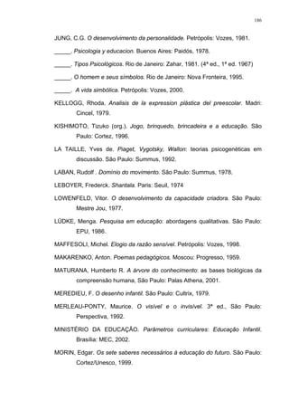 186
JUNG, C.G. O desenvolvimento da personalidade. Petrópolis: Vozes, 1981.
_____. Psicologia y educacion. Buenos Aires: Paidós, 1978.
_____. Tipos Psicológicos. Rio de Janeiro: Zahar, 1981. (4ª ed., 1ª ed. 1967)
_____. O homem e seus símbolos. Rio de Janeiro: Nova Fronteira, 1995.
_____. A vida simbólica. Petrópolis: Vozes, 2000.
KELLOGG, Rhoda. Analisis de la expression plástica del preescolar. Madri:
Cincel, 1979.
KISHIMOTO, Tizuko (org.). Jogo, brinquedo, brincadeira e a educação. São
Paulo: Cortez, 1996.
LA TAILLE, Yves de. Piaget, Vygotsky, Wallon: teorias psicogenéticas em
discussão. São Paulo: Summus, 1992.
LABAN, Rudolf . Domínio do movimento. São Paulo: Summus, 1978.
LEBOYER, Frederck. Shantala. Paris: Seuil, 1974
LOWENFELD, Vitor. O desenvolvimento da capacidade criadora. São Paulo:
Mestre Jou, 1977.
LÜDKE, Menga. Pesquisa em educação: abordagens qualitativas. São Paulo:
EPU, 1986.
MAFFESOLI, Michel. Elogio da razão sensível. Petrópolis: Vozes, 1998.
MAKARENKO, Anton. Poemas pedagógicos. Moscou: Progresso, 1959.
MATURANA, Humberto R. A árvore do conhecimento: as bases biológicas da
compreensão humana, São Paulo: Palas Athena, 2001.
MEREDIEU, F. O desenho infantil. São Paulo: Cultrix, 1979.
MERLEAU-PONTY, Maurice. O visível e o invisível. 3ª ed., São Paulo:
Perspectiva, 1992.
MINISTÉRIO DA EDUCAÇÃO. Parâmetros curriculares: Educação Infantil.
Brasília: MEC, 2002.
MORIN, Edgar. Os sete saberes necessários à educação do futuro. São Paulo:
Cortez/Unesco, 1999.
 