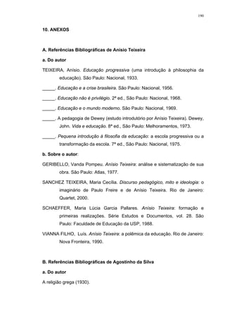 190
10. ANEXOS
A. Referências Bibliográficas de Anísio Teixeira
a. Do autor
TEIXEIRA, Anísio. Educação progressiva (uma introdução à philosophia da
educação). São Paulo: Nacional, 1933.
_____. Educação e a crise brasileira. São Paulo: Nacional, 1956.
_____. Educação não é privilégio. 2ª ed., São Paulo: Nacional, 1968.
_____. Educação e o mundo moderno. São Paulo: Nacional, 1969.
_____. A pedagogia de Dewey (estudo introdutório por Anísio Teixeira). Dewey,
John. Vida e educação. 8ª ed., São Paulo: Melhoramentos, 1973.
_____. Pequena introdução à filosofia da educação: a escola progressiva ou a
transformação da escola. 7ª ed., São Paulo: Nacional, 1975.
b. Sobre o autor:
GERIBELLO, Vanda Pompeu. Anísio Teixeira: análise e sistematização de sua
obra. São Paulo: Atlas, 1977.
SANCHEZ TEIXEIRA, Maria Cecília. Discurso pedagógico, mito e ideologia: o
imaginário de Paulo Freire e de Anísio Teixeira. Rio de Janeiro:
Quartet, 2000.
SCHAEFFER, Maria Lúcia Garcia Pallares. Anísio Teixeira: formação e
primeiras realizações. Série Estudos e Documentos, vol. 28. São
Paulo: Faculdade de Educação da USP, 1988.
VIANNA FILHO, Luís. Anísio Teixeira: a polêmica da educação. Rio de Janeiro:
Nova Fronteira, 1990.
B. Referências Bibliográficas de Agostinho da Silva
a. Do autor
A religião grega (1930).
 