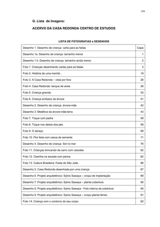 194
G. Lista de Imagens:
ACERVO DA CASA REDONDA CENTRO DE ESTUDOS
LISTA DE FOTOGRAFIAS e DESENHOS
Desenho 1. Desenho de criança: carta para as fadas Capa
Desenho 1a. Desenho de criança: tamanho menor 1
Desenho 1 b. Desenho de criança: tamanho ainda menor 2
Foto 1. Crianças desenhando cartas para as fadas 3
Foto 2. História de uma manhã... 19
Foto 3. A Casa Redonda – vista por fora 26
Foto 4. Casa Redonda: tanque de areia 26
Foto 5. Criança girando 33
Foto 6. Criança embaixo da árvore 41
Desenho 2. Desenho de criança: árvore-mãe 42
Desenho 3. Metáfora da árvore-mãe-terra 43
Foto 7. Toque com pedra 58
Foto 8. Toque nos dedos dos pés 58
Foto 9. O abraço 68
Foto 10. Flor feita com casca de semente 71
Desenho 4. Desenho de criança: Sol no mar 76
Foto 11. Crianças brincando de carro com caixotes 82
Foto 12. Casinha na escada com panos 82
Foto 13. Cultura Brasileira: Festa de São João 86
Desenho 5. Casa Redonda desenhada por uma criança 87
Desenho 6. Projeto arquitetônico: Sylvio Sawaya – croqui de implantação 89
Desenho 7. Projeto arquitetônico: Sylvio Sawaya – planta cobertura 90
Desenho 8. Projeto arquitetônico: Sylvio Sawaya - Foto interna da cobertura 90
Desenho 9. Projeto arquitetônico: Sylvio Sawaya – croqui planta térreo 91
Foto 14. Criança com o contorno do seu corpo 92
 