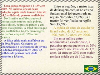            Uma queda chegando a 11,8% em 2002. No entanto, apesar dessa redução, o país ainda tem um total de 14,6 milhões de pessoas analfabetas.       No Brasil o analfabetismo está concentrado entre os mais pobres, mais idosos, negros ou pardos e em áreas mais pobres. A Pnad mostra que dos analfabetos, 67,4% eram negros ou pardos, enquanto 32% eram brancos.       A faixa etária mais analfabeta era de 40 a 59 anos. Os cursos de alfabetização e de educação de jovens e adultos alcançavam em 2006 2,5 milhões de pessoas com idade superior a 15 anos .            Entre as regiões, a maior taxa de defasagem escolar no ensino fundamental foi encontrada na região Nordeste (37,9%). Já a menor foi verificada na região Sul (15,5%).        A média de anos de estudo no Brasil subiu de 5,7 anos, em 1996, para 7,2 anos, em 2006.       Em uma análise entre rendimentos e escolaridade, a pesquisa aponta que entre os 20% mais pobres no Brasil era de 3,9 anos. Já entre os 20% com maior renda a média era de 10,2 anos .   