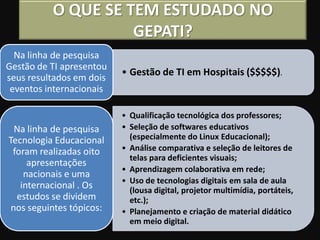 O QUE SE TEM ESTUDADO NO
                    GEPATI?
  Na linha de pesquisa
Gestão de TI apresentou
                          • Gestão de TI em Hospitais ($$$$$).
seus resultados em dois
 eventos internacionais

                          • Qualificação tecnológica dos professores;
  Na linha de pesquisa    • Seleção de softwares educativos
Tecnologia Educacional      (especialmente do Linux Educacional);
 foram realizadas oito    • Análise comparativa e seleção de leitores de
                            telas para deficientes visuais;
     apresentações
                          • Aprendizagem colaborativa em rede;
    nacionais e uma
                          • Uso de tecnologias digitais em sala de aula
   internacional . Os       (lousa digital, projetor multimídia, portáteis,
  estudos se dividem        etc.);
 nos seguintes tópicos:   • Planejamento e criação de material didático
                            em meio digital.
 