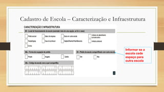 Cadastro de Escola – Caracterização e Infraestrutura
Informar se a
escola cede
espaço para
outra escola
 