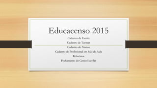 Educacenso 2015
Cadastro de Escola
Cadastro de Turmas
Cadastro de Alunos
Cadastro de Profissional em Sala de Aula
Relatórios
Fechamento do Censo Escolar
 