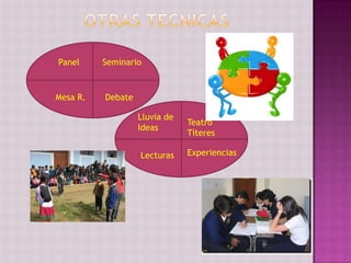 Panel     Seminario



Mesa R.   Debate

                   Lluvia de
                               Teatro
                   Ideas
                               Títeres

                   Lecturas    Experiencias
 