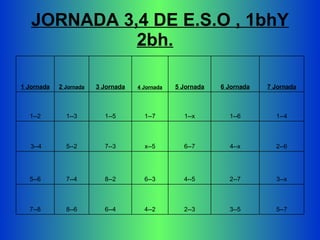 JORNADA 3,4 DE E.S.O , 1bhY 2bh.   5--7 3--5 2--3 4--2 6--4 8--6 7--8 3--x 2--7 4--5 6--3 8--2 7--4 5--6 2--6 4--x 6--7 x--5 7--3 5--2 3--4 1--4 1--6 1--x 1--7 1--5 1--3 1--2 7 Jornada 6 Jornada 5 Jornada 4 Jornada 3 Jornada 2  J o rnada 1 Jornada 