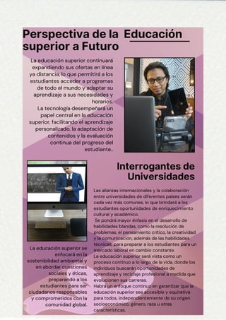 Las alianzas internacionales y la colaboración
entre universidades de diferentes países serán
cada vez más comunes, lo que brindará a los
estudiantes oportunidades de enriquecimiento
cultural y académico.
Se pondrá mayor énfasis en el desarrollo de
habilidades blandas, como la resolución de
problemas, el pensamiento crítico, la creatividad
y la comunicación, además de las habilidades
técnicas, para preparar a los estudiantes para un
mercado laboral en cambio constante.
La educación superior será vista como un
proceso continuo a lo largo de la vida, donde los
individuos buscarán oportunidades de
aprendizaje y reciclaje profesional a medida que
evolucionen sus carreras.
Habrá un enfoque continuo en garantizar que la
educación superior sea accesible y equitativa
para todos, independientemente de su origen
socioeconómico, género, raza u otras
características.
Interrogantes de
Universidades
La educación superior continuará
expandiendo sus ofertas en línea
ya distancia, lo que permitirá a los
estudiantes acceder a programas
de todo el mundo y adaptar su
aprendizaje a sus necesidades y
horarios.
La tecnología desempeñará un
papel central en la educación
superior, facilitando el aprendizaje
personalizado, la adaptación de
contenidos y la evaluación
continua del progreso del
estudiante..
Perspectiva de la Educación
superior a Futuro
La educación superior se
enfocará en la
sostenibilidad ambiental y
en abordar cuestiones
sociales y éticas,
preparando a los
estudiantes para ser
ciudadanos responsables
y comprometidos con la
comunidad global.
 