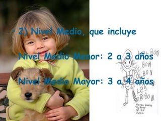 2) Nivel Medio, que incluye Nivel Medio Menor: 2 a 3 años Nivel Medio Mayor: 3 a 4 años