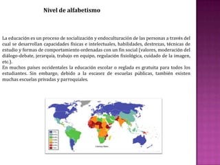 La educación se comparte entre las personas por medio de nuestras ideas, cultura, conocimientos, etc. respetando siempre a los demás. Ésta no siempre se da en el aula.LA EDUCACIÓN BÁSICA Es la etapa de formación de los individuos en la que se desarrollan las habilidades del pensamiento y las competencias básicas para favorecer el aprendizaje sistemático y continuo, así como las disposiciones y actitudes que regirán su vida. Lograr que todos los niños y jóvenes del país tengan las mismas oportunidades de cursar y concluir con éxito la educación básica y que logren los aprendizajes que se establecen para cada grado y nivel son factores fundamentales para sostener el desarrollo de la nación.En una educación básica de buena calidad el desarrollo de las competencias básicas y el logro de los aprendizajes de los alumnos son los propósitos centrales, son las metas a las cuales los profesores, la escuela y el sistema dirigen sus esfuerzos.