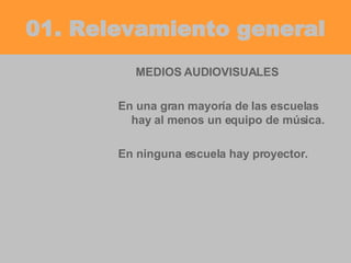 01. Relevamiento general MEDIOS AUDIOVISUALES En una gran mayoría de las escuelas hay al menos un equipo de música. En ninguna escuela hay proyector. 
