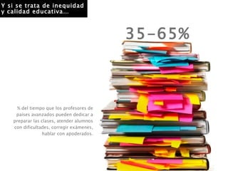 % del tiempo que los profesores de países avanzados pueden dedicar a preparar las clases, atender alumnos con dificultades, corregir exámenes, hablar con apoderados. 35-65% Y si se trata de inequidad y calidad educativa… 
