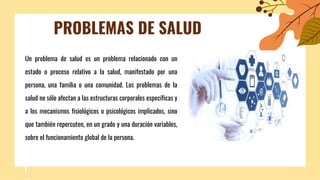 PROBLEMAS DE SALUD
Un problema de salud es un problema relacionado con un
estado o proceso relativo a la salud, manifestado por una
persona, una familia o una comunidad. Los problemas de la
salud no sólo afectan a las estructuras corporales específicas y
a los mecanismos fisiológicos o psicológicos implicados, sino
que también repercuten, en un grado y una duración variables,
sobre el funcionamiento global de la persona.
 