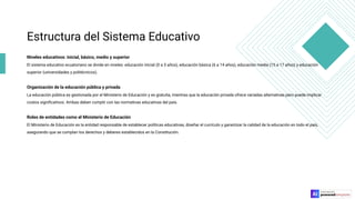 Estructura del Sistema Educativo
Niveles educativos: inicial, básico, medio y superior
El sistema educativo ecuatoriano se divide en niveles: educación inicial (0 a 5 años), educación básica (6 a 14 años), educación media (15 a 17 años) y educación
superior (universidades y politécnicos).
Organización de la educación pública y privada
La educación pública es gestionada por el Ministerio de Educación y es gratuita, mientras que la educación privada ofrece variadas alternativas pero puede implicar
costos signiﬁcativos. Ambas deben cumplir con las normativas educativas del país.
Roles de entidades como el Ministerio de Educación
El Ministerio de Educación es la entidad responsable de establecer políticas educativas, diseñar el currículo y garantizar la calidad de la educación en todo el país,
asegurando que se cumplan los derechos y deberes establecidos en la Constitución.
 