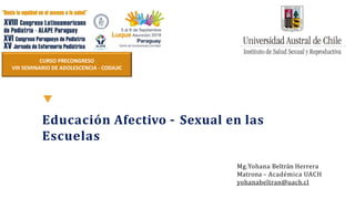 Educación Afectivo – Sexual en las
Escuelas
Mg.Yohana Beltrán Herrera
Matrona – Académica UACH
yohanabeltran@uach.cl
CURSO PRECONGRESO
VIII SEMINARIO DE ADOLESCENCIA - CODAJIC
 