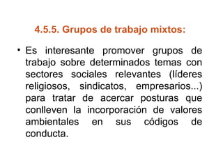 4.5.5.  Grupos de trabajo mixtos:  Es interesante promover grupos de trabajo sobre determinados temas con sectores sociales relevantes (líderes religiosos, sindicatos, empresarios...) para tratar de acercar posturas que conlleven la incorporación de valores ambientales en sus códigos de conducta. 