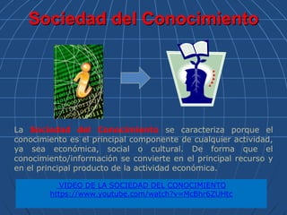 Sociedad del Conocimiento
VIDEO DE LA SOCIEDAD DEL CONOCIMIENTO
https://www.youtube.com/watch?v=McBhr6ZUHtc
La Sociedad del Conocimiento se caracteriza porque el
conocimiento es el principal componente de cualquier actividad,
ya sea económica, social o cultural. De forma que el
conocimiento/información se convierte en el principal recurso y
en el principal producto de la actividad económica.
 