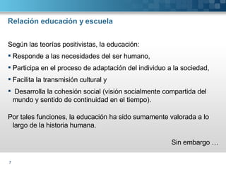 Relación educación y escuela Según las teorías positivistas, la educación: Responde a las necesidades del ser humano, Participa en el proceso de adaptación del individuo a la sociedad, Facilita la transmisión cultural y Desarrolla la cohesión social (visión socialmente compartida del mundo y sentido de continuidad en el tiempo). Por tales funciones, la educación ha sido sumamente valorada a lo largo de la historia humana. Sin embargo … 
