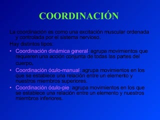 COORDINACIÓN La coordinación es como una excitación muscular ordenada y controlada por el sistema nervioso. Hay distintos tipos:  Coordinación dinámica general : agrupa movimientos que requieren una acción conjunta de todas las partes del cuerpo . Coordinación óculo-manual : agrupa movimientos en los que se establece una relación entre un elemento y nuestros miembros superiores. Coordinación óculo-pie : agrupa movimientos en los que se establece una relación entre un elemento y nuestros miembros inferiores. 