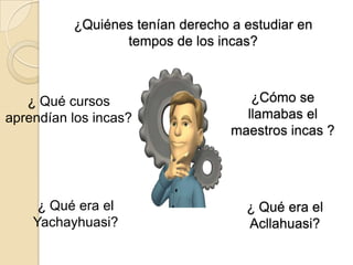 ¿ Qué era el
Acllahuasi?
¿ Qué era el
Yachayhuasi?
¿Cómo se
llamabas el
maestros incas ?
¿Quiénes tenían derecho a estudiar en
tempos de los incas?
¿ Qué cursos
aprendían los incas?