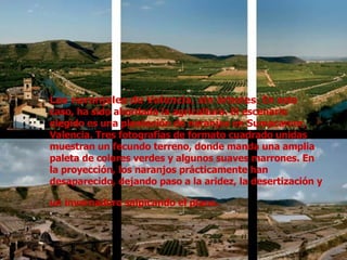 Los naranjales de Valencia, sin árboles.  En este caso, ha sido abordada la agricultura. El escenario elegido es una plantación de naranjos en Sumacarcer, Valencia. Tres fotografías de formato cuadrado unidas muestran un fecundo terreno, donde manda una amplia paleta de colores verdes y algunos suaves marrones. En la proyección, los naranjos prácticamente han desaparecido, dejando paso a la aridez, la desertización y un invernadero salpicando el plano.   