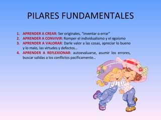 PILARES FUNDAMENTALES APRENDER A CREAR : Ser originales, “inventar o errar” APRENDER A CONVIVIR : Romper el individualismo y el egoísmo APRENDER A VALORAR : Darle valor a las cosas, apreciar lo bueno y lo malo, las virtudes y defectos… APRENDER A REFLEXIONAR : autoevaluarse, asumir los errores, buscar salidas a los conflictos pacíficamente… 