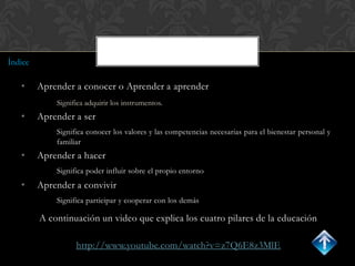 Índice

   •     Aprender a conocer o Aprender a aprender
             Significa adquirir los instrumentos.
   •     Aprender a ser
             Significa conocer los valores y las competencias necesarias para el bienestar personal y
             familiar
   •     Aprender a hacer
             Significa poder influir sobre el propio entorno
   •     Aprender a convivir
             Significa participar y cooperar con los demás

         A continuación un video que explica los cuatro pilares de la educación

                   http://www.youtube.com/watch?v=z7Q6E8z3MlE
 