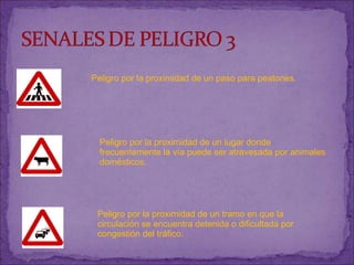 Peligro por la proximidad de un paso para peatones.  Peligro por la proximidad de un lugar donde frecuentemente la vía puede ser atravesada por animales domésticos.  Peligro por la proximidad de un tramo en que la circulación se encuentra detenida o dificultada por congestión del tráfico.  