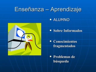 Enseñanza – Aprendizaje ALUMNO Sobre Informados Conocimientos fragmentados Problemas de búsqueda 