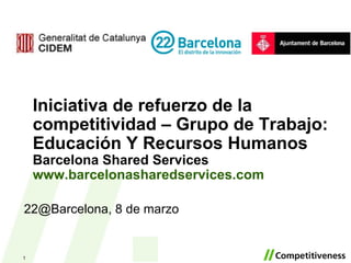 Iniciativa de refuerzo de la competitividad – Grupo de Trabajo: Educación Y Recursos Humanos Barcelona Shared Services www.barcelonasharedservices.com   22@Barcelona, 8 de marzo 