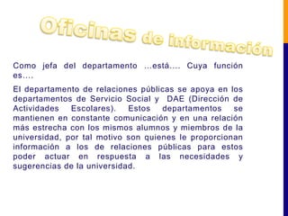 Como jefa del departamento …está…. Cuya función
es….
El departamento de relaciones públicas se apoya en los
departamentos de Servicio Social y DAE (Dirección de
Actividades   Escolares).   Estos   departamentos    se
mantienen en constante comunicación y en una relación
más estrecha con los mismos alumnos y miembros de la
universidad, por tal motivo son quienes le proporcionan
información a los de relaciones públicas para estos
poder actuar en respuesta a las necesidades y
sugerencias de la universidad.
 
