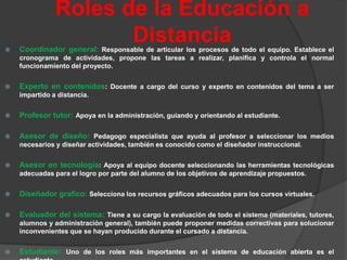 Roles de la Educación a

                      Distancia
    Coordinador general: Responsable de articular los procesos de todo el equipo. Establece el
    cronograma de actividades, propone las tareas a realizar, planifica y controla el normal
    funcionamiento del proyecto.


   Experto en contenidos: Docente a cargo del curso y experto en contenidos del tema a ser
    impartido a distancia.


   Profesor tutor: Apoya en la administración, guiando y orientando al estudiante.

   Asesor de diseño: Pedagogo especialista que ayuda al profesor a seleccionar los medios
    necesarios y diseñar actividades, también es conocido como el diseñador instruccional.


   Asesor en tecnología: Apoya al equipo docente seleccionando las herramientas tecnológicas
    adecuadas para el logro por parte del alumno de los objetivos de aprendizaje propuestos.


   Diseñador grafico: Selecciona los recursos gráficos adecuados para los cursos virtuales.

   Evaluador del sistema: Tiene a su cargo la evaluación de todo el sistema (materiales, tutores,
    alumnos y administración general), también puede proponer medidas correctivas para solucionar
    inconvenientes que se hayan producido durante el cursado a distancia.


   Estudiante: Uno de los roles más importantes en el sistema de educación abierta es el
 