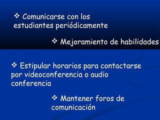  Comunicarse con los
estudiantes periódicamente

            Mejoramiento de habilidades


 Estipular horarios para contactarse
por videoconferencia o audio
conferencia
            Mantener foros de
           comunicación
 