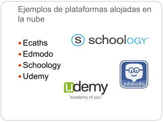 Ejemplos de plataformas alojadas en
la nube
 Ecaths
 Edmodo
 Schoology
 Udemy
 