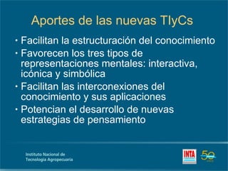 Aportes de las nuevas TIyCs Facilitan la estructuración del conocimiento Favorecen los tres tipos de representaciones mentales: interactiva, icónica y simbólica Facilitan las interconexiones del conocimiento y sus aplicaciones Potencian el desarrollo de nuevas estrategias de pensamiento 