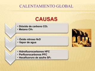 CALENTAMIENTO GLOBAL
CAUSAS
• Dióxido de carbono CO2
• Metano CH4
• Óxido nitroso N2O
• Vapor de agua
• Hidrofluorocarbonos HFC
• Perfluorocarbonos PFC
• Hexafluoruro de azufre SF6
 