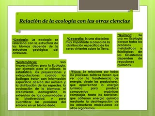 Relación de la ecología con las otras ciencias
*Geología: La ecología se
relaciona con la estructura de
los biomas depende de la
estructura geológica del
ambiente.
*Geografía: Es una disciplina
muy importante a causa de la
distribución específica de los
seres vivientes sobre la Tierra.
*Química: Se
usa en Ecología
porque todos los
procesos
metabólicos y
fisiológicos de
los biosistemas
dependen de
reacciones
químicas.
*Matemáticas: Son
imprescindibles para la Ecología,
por ejemplo para el cálculo, la
estadística, las proyecciones y
extrapolaciones cuando los
Ecólogos tratan con información
específica acerca del número y
la distribución de las especies, la
evaluación de la biomasa, el
crecimiento demográfico, la
extensión de las comunidades y
la biodiversidad, y para
cuantificar las presiones del
entorno en un bioma dado.
*Física: Se relaciona por todos
los procesos bióticos tienen que
ver con la transferencia de
energía, desde los productores,
que aprovechan la energía
lumínica para producir
compuestos orgánicos
complejos, hasta las bacterias,
que obtienen energía química
mediante la desintegración de
las estructuras moleculares de
otros organismos
 