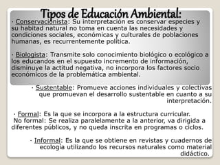 Tipos de Educación Ambiental:· Conservacionista: Su interpretación es conservar especies y
su habitad natural no toma en cuenta las necesidades y
condiciones sociales, económicas y culturales de poblaciones
humanas, es recurrentemente política.
· Biologista: Transmite solo conocimiento biológico o ecológico a
los educandos en el supuesto incremento de información,
disminuye la actitud negativa, no incorpora los factores socio
económicos de la problemática ambiental.
· Sustentable: Promueve acciones individuales y colectivas
que promuevan el desarrollo sustentable en cuanto a su
interpretación.
· Formal: Es la que se incorpora a la estructura curricular.
No formal: Se realiza paralelamente a la anterior, va dirigida a
diferentes públicos, y no queda inscrita en programas o ciclos.
· Informal: Es la que se obtiene en revistas y cuadernos de
ecología utilizando los recursos naturales como material
didáctico.
 