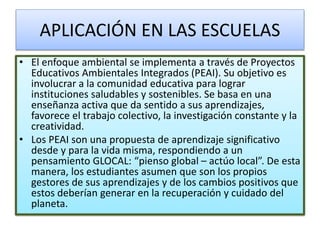 APLICACIÓN EN LAS ESCUELAS
• El enfoque ambiental se implementa a través de Proyectos
Educativos Ambientales Integrados (PEAI). Su objetivo es
involucrar a la comunidad educativa para lograr
instituciones saludables y sostenibles. Se basa en una
enseñanza activa que da sentido a sus aprendizajes,
favorece el trabajo colectivo, la investigación constante y la
creatividad.
• Los PEAI son una propuesta de aprendizaje significativo
desde y para la vida misma, respondiendo a un
pensamiento GLOCAL: “pienso global – actúo local”. De esta
manera, los estudiantes asumen que son los propios
gestores de sus aprendizajes y de los cambios positivos que
estos deberían generar en la recuperación y cuidado del
planeta.
 