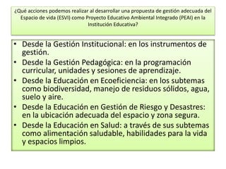 ¿Qué acciones podemos realizar al desarrollar una propuesta de gestión adecuada del
Espacio de vida (ESVI) como Proyecto Educativo Ambiental Integrado (PEAI) en la
Institución Educativa?
• Desde la Gestión Institucional: en los instrumentos de
gestión.
• Desde la Gestión Pedagógica: en la programación
curricular, unidades y sesiones de aprendizaje.
• Desde la Educación en Ecoeficiencia: en los subtemas
como biodiversidad, manejo de residuos sólidos, agua,
suelo y aire.
• Desde la Educación en Gestión de Riesgo y Desastres:
en la ubicación adecuada del espacio y zona segura.
• Desde la Educación en Salud: a través de sus subtemas
como alimentación saludable, habilidades para la vida
y espacios limpios.
 
