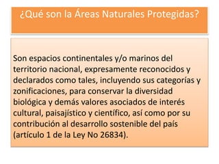 ¿Qué son la Áreas Naturales Protegidas?
Son espacios continentales y/o marinos del
territorio nacional, expresamente reconocidos y
declarados como tales, incluyendo sus categorías y
zonificaciones, para conservar la diversidad
biológica y demás valores asociados de interés
cultural, paisajístico y científico, así como por su
contribución al desarrollo sostenible del país
(artículo 1 de la Ley No 26834).
 