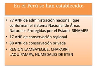 En el Perú se han establecido:
• 77 ANP de administración nacional, que
conforman el Sistema Nacional de Áreas
Naturales Protegidas por el Estado- SINAMPE
• 17 ANP de conservación regional
• 88 ANP de conservación privada
• REGION LAMBAYEQUE: CHAPARRI,
LAQUIPAMPA, HUMEDALES DE ETEN
 
