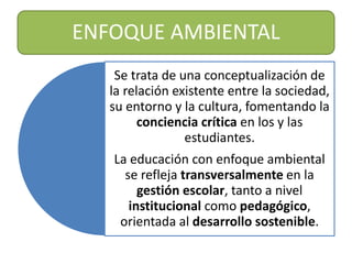 ENFOQUE AMBIENTAL
Se trata de una conceptualización de
la relación existente entre la sociedad,
su entorno y la cultura, fomentando la
conciencia crítica en los y las
estudiantes.
La educación con enfoque ambiental
se refleja transversalmente en la
gestión escolar, tanto a nivel
institucional como pedagógico,
orientada al desarrollo sostenible.
 