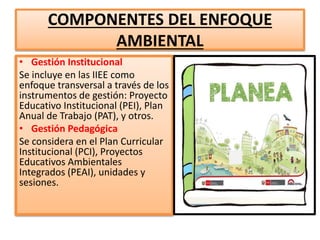COMPONENTES DEL ENFOQUE
AMBIENTAL
• Gestión Institucional
Se incluye en las IIEE como
enfoque transversal a través de los
instrumentos de gestión: Proyecto
Educativo Institucional (PEI), Plan
Anual de Trabajo (PAT), y otros.
• Gestión Pedagógica
Se considera en el Plan Curricular
Institucional (PCI), Proyectos
Educativos Ambientales
Integrados (PEAI), unidades y
sesiones.
 