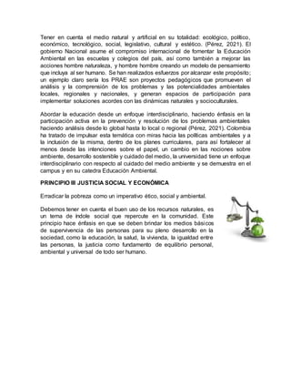 Tener en cuenta el medio natural y artificial en su totalidad: ecológico, político,
económico, tecnológico, social, legislativo, cultural y estético. (Pérez, 2021). El
gobierno Nacional asume el compromiso internacional de fomentar la Educación
Ambiental en las escuelas y colegios del país, así como también a mejorar las
acciones hombre naturaleza, y hombre hombre creando un modelo de pensamiento
que incluya al ser humano. Se han realizados esfuerzos por alcanzar este propósito;
un ejemplo claro sería los PRAE son proyectos pedagógicos que promueven el
análisis y la comprensión de los problemas y las potencialidades ambientales
locales, regionales y nacionales, y generan espacios de participación para
implementar soluciones acordes con las dinámicas naturales y socioculturales.
Abordar la educación desde un enfoque interdisciplinario, haciendo énfasis en la
participación activa en la prevención y resolución de los problemas ambientales
haciendo análisis desde lo global hasta lo local o regional (Pérez, 2021). Colombia
ha tratado de impulsar esta temática con miras hacia las políticas ambientales y a
la inclusión de la misma, dentro de los planes curriculares, para así fortalecer al
menos desde las intenciones sobre el papel, un cambio en las nociones sobre
ambiente, desarrollo sostenible y cuidado del medio, la universidad tiene un enfoque
interdisciplinario con respecto al cuidado del medio ambiente y se demuestra en el
campus y en su catedra Educación Ambiental.
PRINCIPIO III JUSTICIA SOCIAL Y ECONÓMICA
Erradicar la pobreza como un imperativo ético, social y ambiental.
Debemos tener en cuenta el buen uso de los recursos naturales, es
un tema de índole social que repercute en la comunidad. Este
principio hace énfasis en que se deben brindar los medios básicos
de supervivencia de las personas para su pleno desarrollo en la
sociedad, como la educación, la salud, la vivienda, la igualdad entre
las personas, la justicia como fundamento de equilibrio personal,
ambiental y universal de todo ser humano.
 