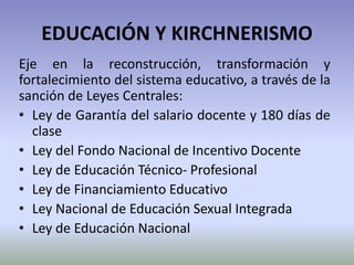 EDUCACIÓN Y KIRCHNERISMO
Eje en la reconstrucción, transformación y
fortalecimiento del sistema educativo, a través de la
sanción de Leyes Centrales:
• Ley de Garantía del salario docente y 180 días de
clase
• Ley del Fondo Nacional de Incentivo Docente
• Ley de Educación Técnico- Profesional
• Ley de Financiamiento Educativo
• Ley Nacional de Educación Sexual Integrada
• Ley de Educación Nacional
 